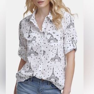 Karl Lagerfeld White Eiffel Tower Print Casual Shirt